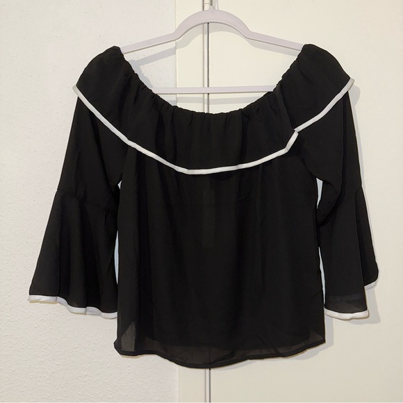 Women’s black & white ruffle neck off shoulder bell sleeves blouse top - Picture 1 of 2